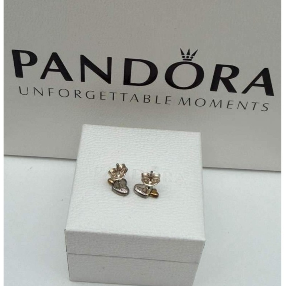 Pandora Two-Tone Heart Stud Earrings White Enamel & Gold Tone View 4